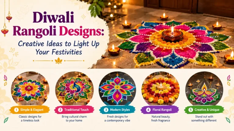 Colorful Diwali rangoli designs with glowing diyas and festive decorations