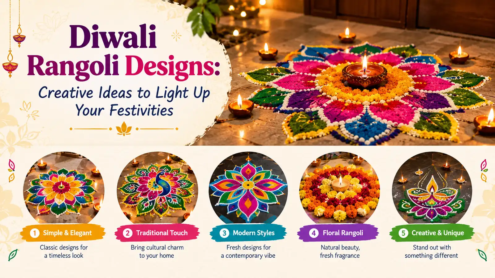 Colorful Diwali rangoli designs with glowing diyas and festive decorations