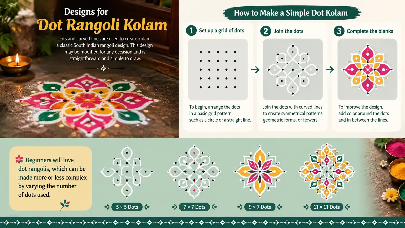 Dot Rangoli Kolam Designs – step-by-step guide showing a simple dot kolam with grids, curved lines, and colorful patterns