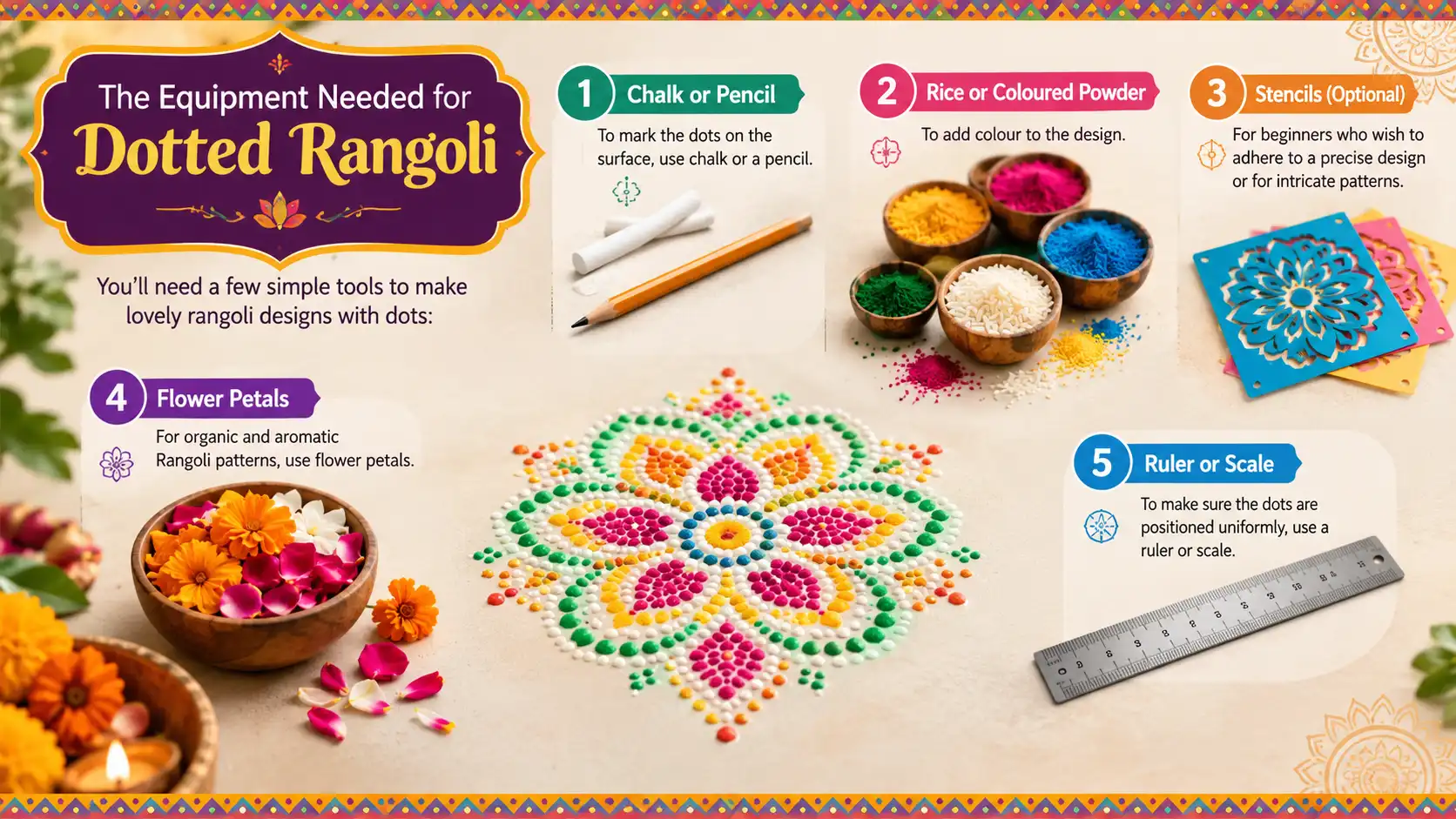 Equipment needed for dotted Rangoli