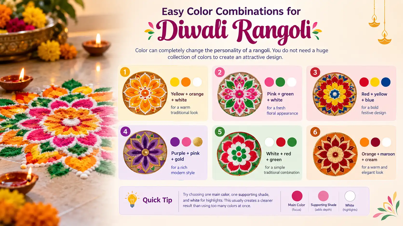 Six festive color combinations for Diwali rangoli designs