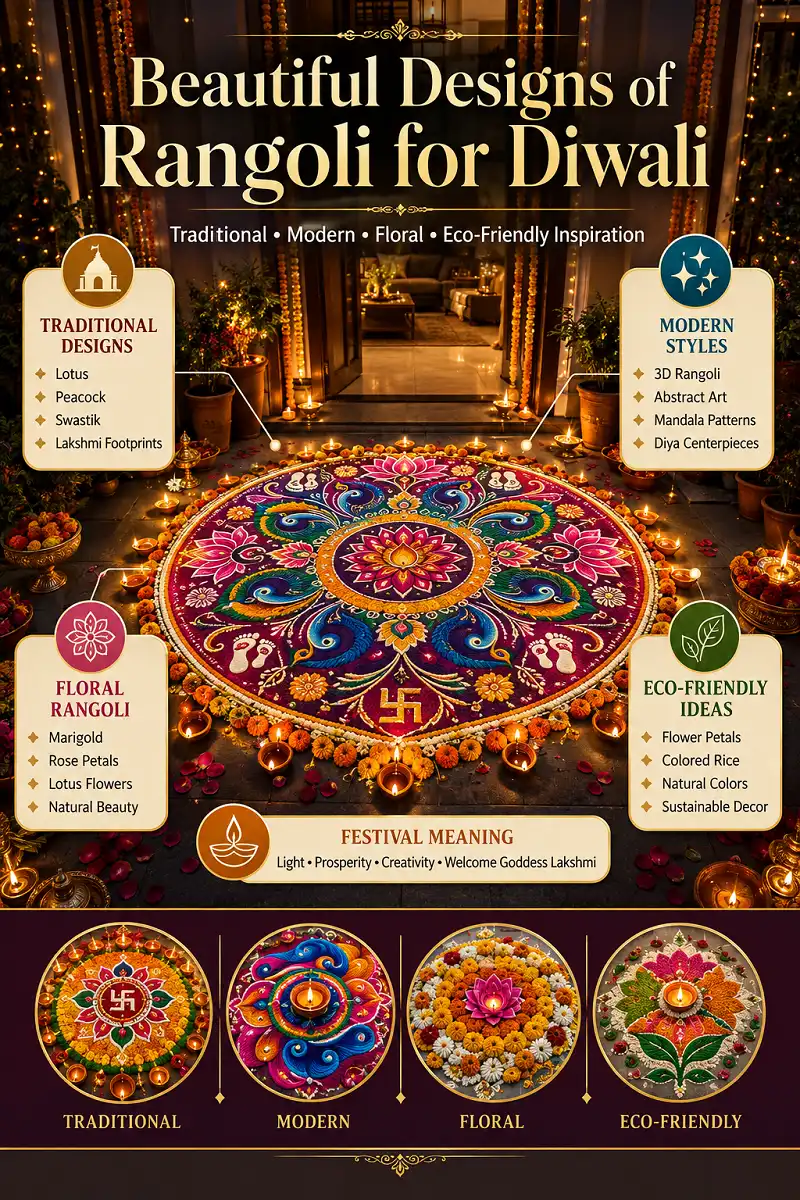 Collection of easy floral and peacock rangoli designs for Diwali 2026
