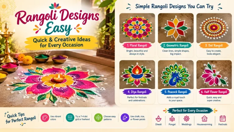 Easy Rangoli Designs with colorful floral, geometric, diya, dot, peacock, and half-flower rangoli ideas for every occasion