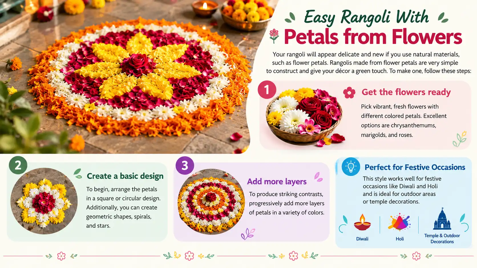 Easy rangoli with flower petals infographic