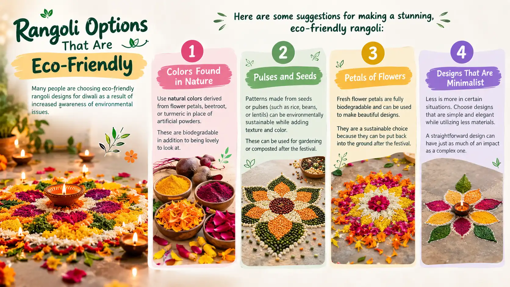 Eco-friendly Diwali rangoli ideas using natural colors, pulses and seeds, flower petals, and minimalist designs