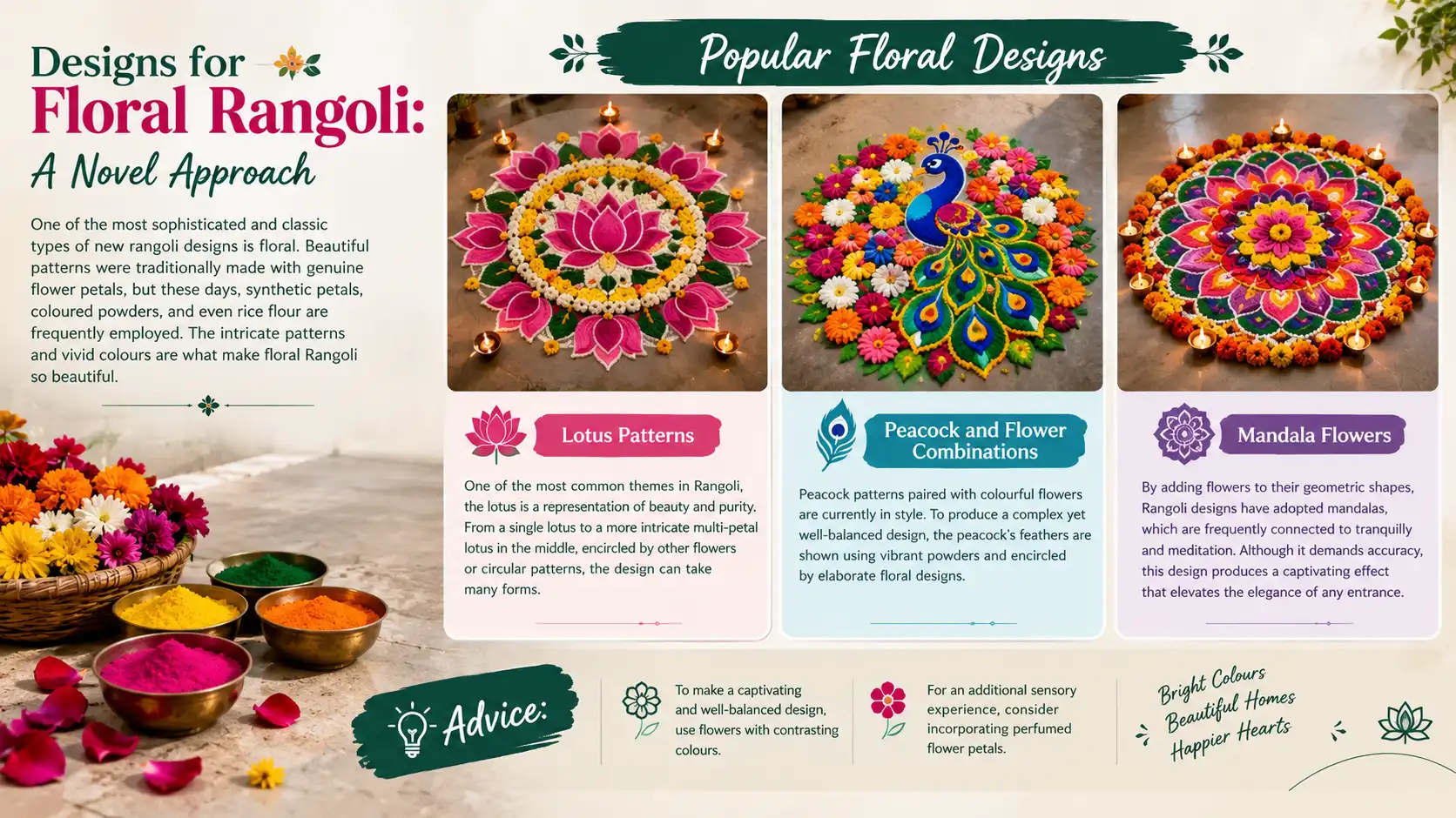 Mixed photorealistic and modern infographic showcasing floral rangoli designs, including lotus patterns, peacock and flower combinations, and mandala flowers, with vibrant petals, coloured powders, and decorative advice.