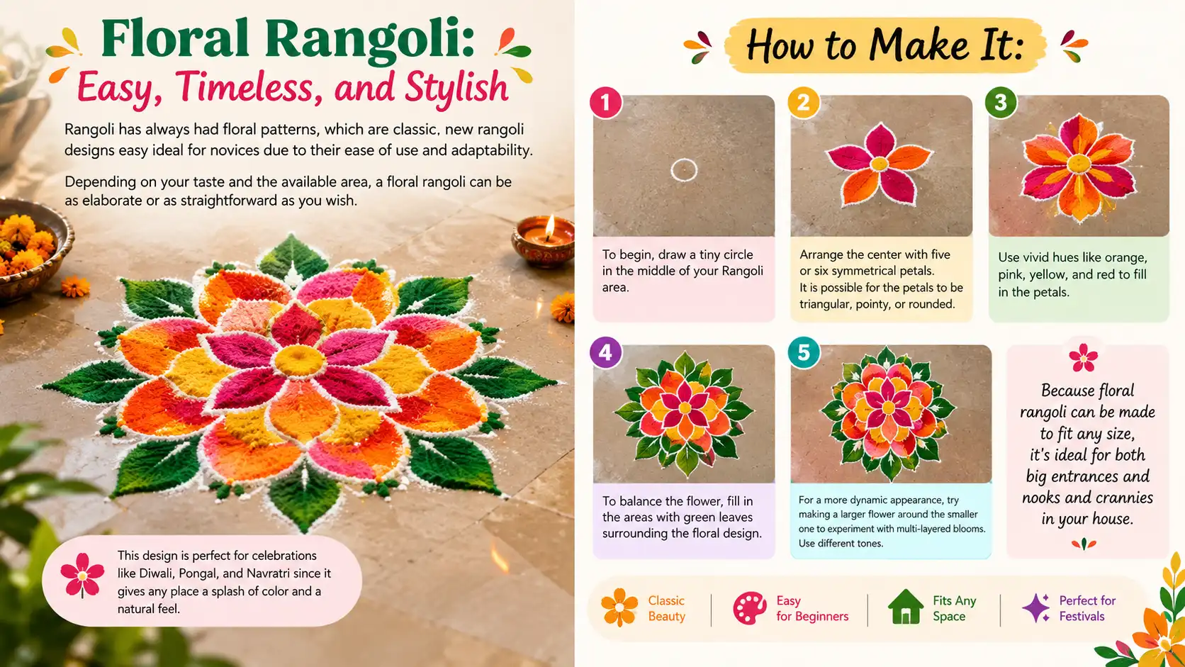 Easy floral Rangoli design with colorful petals, green leaves, and five-step making guide