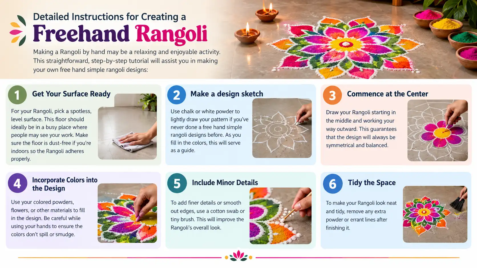 Step-by-step guide showing how to create a colorful freehand Rangoli design