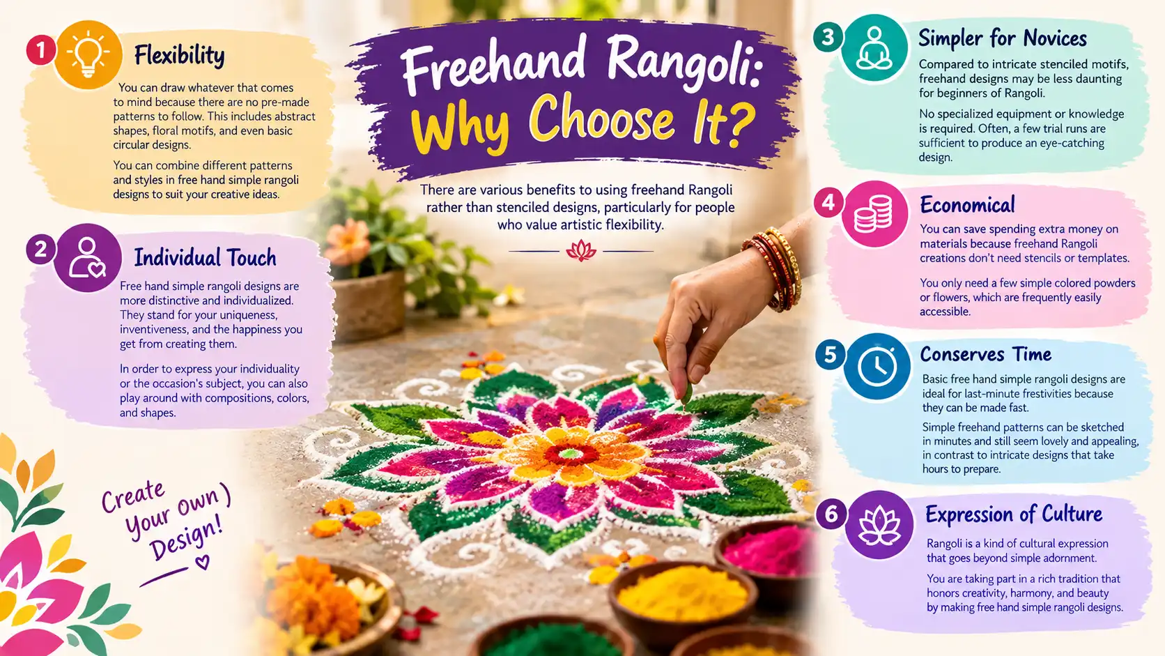 Freehand Rangoli benefits including flexibility, creativity, simplicity, affordability, time savings, and cultural expression