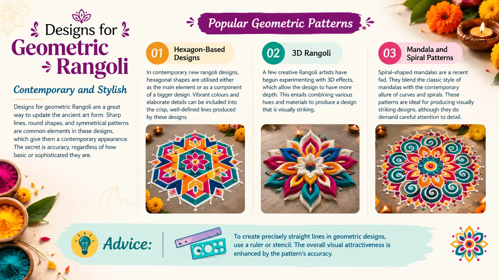 Contemporary and stylish geometric Rangoli designs featuring hexagon, 3D, mandala, and spiral patterns