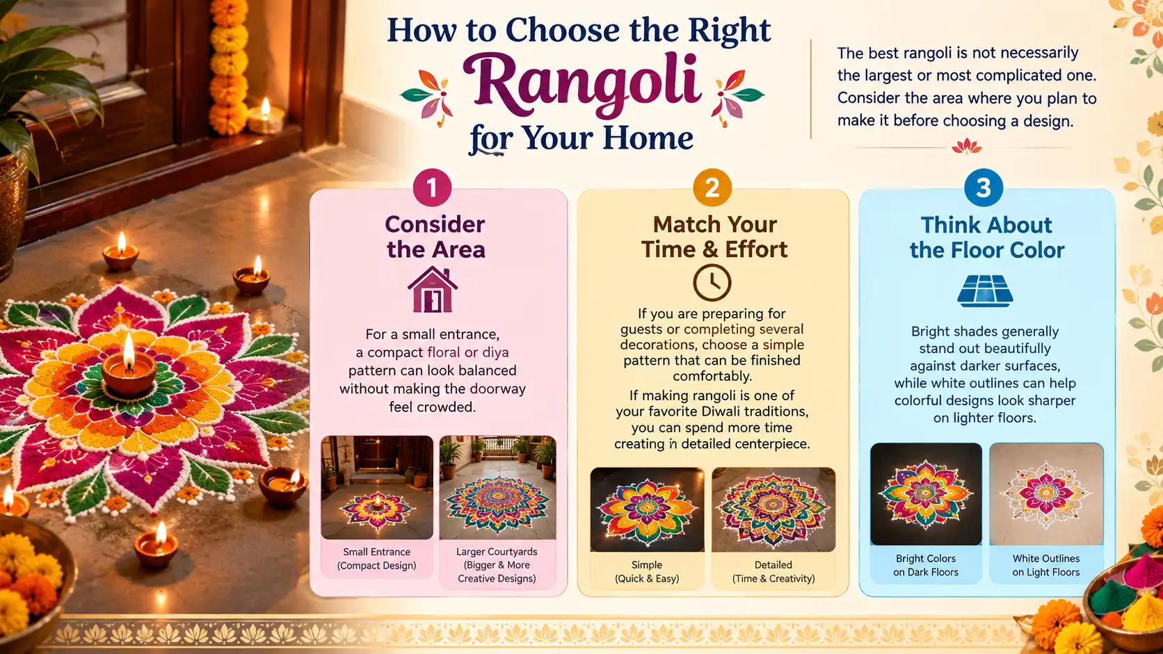 How to choose a Diwali rangoli based on available space, time, effort, and floor color