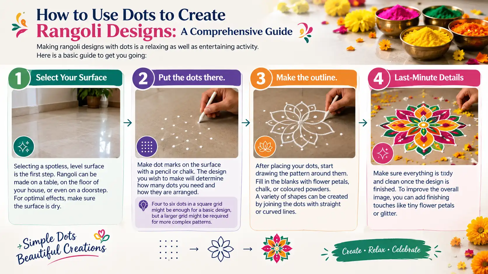 Four steps to create Rangoli designs with dots