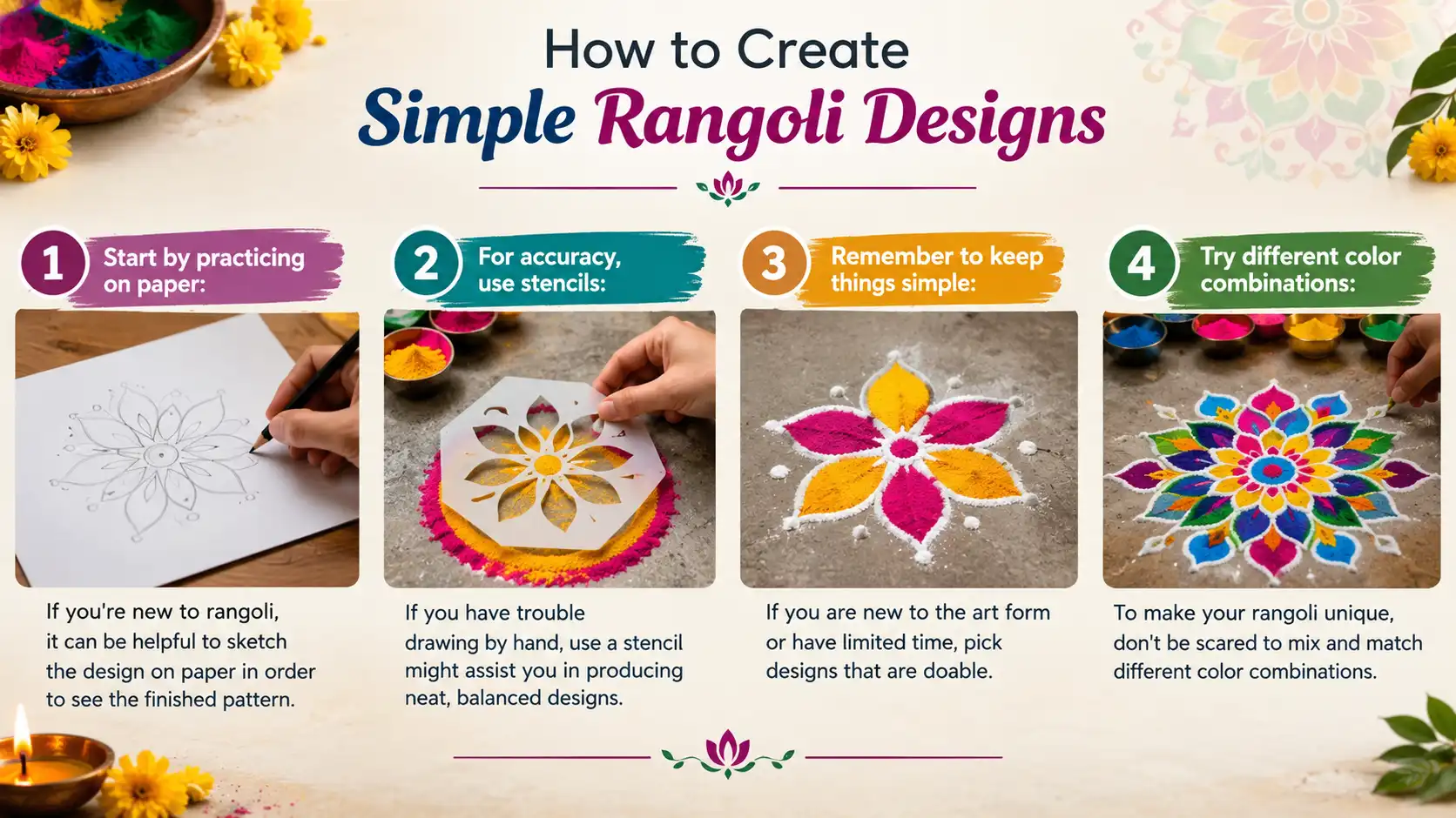 Mixed photorealistic and modern infographic showing four steps to create simple rangoli designs
