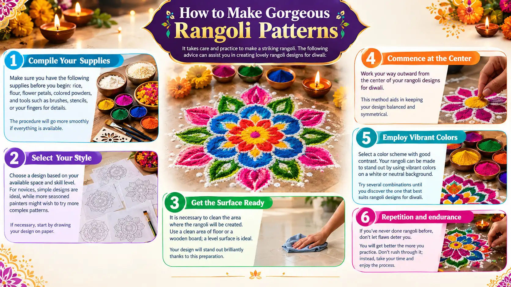 How to make gorgeous Rangoli patterns for Diwali with colorful step-by-step instructions