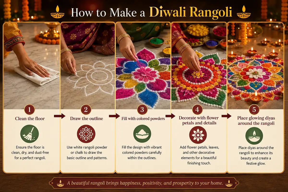 Step-by-step process of creating a colorful Diwali rangoli design