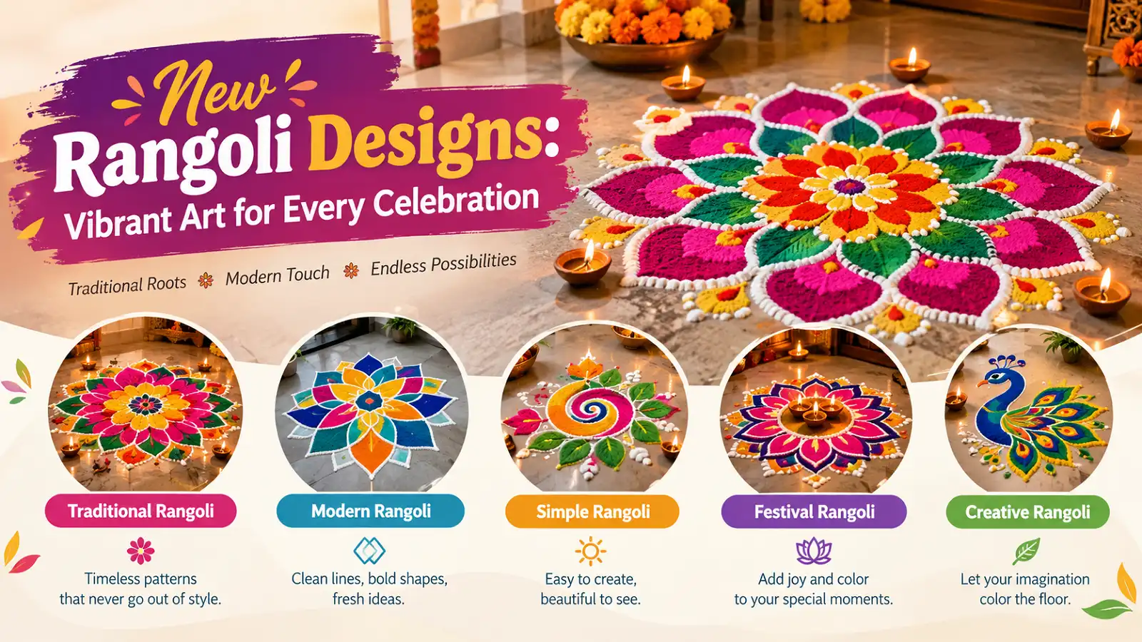 New rangoli designs featuring vibrant colorful patterns for every celebration