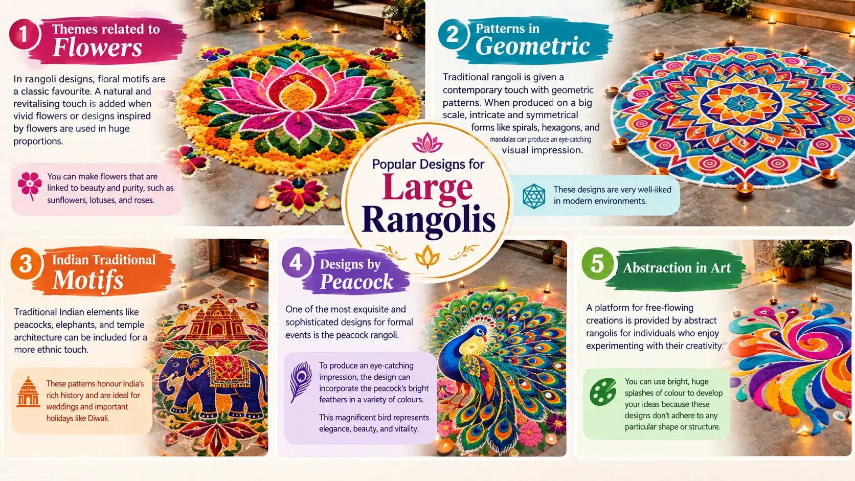 Popular designs for large rangolis featuring floral, geometric, traditional Indian, peacock, and abstract patterns