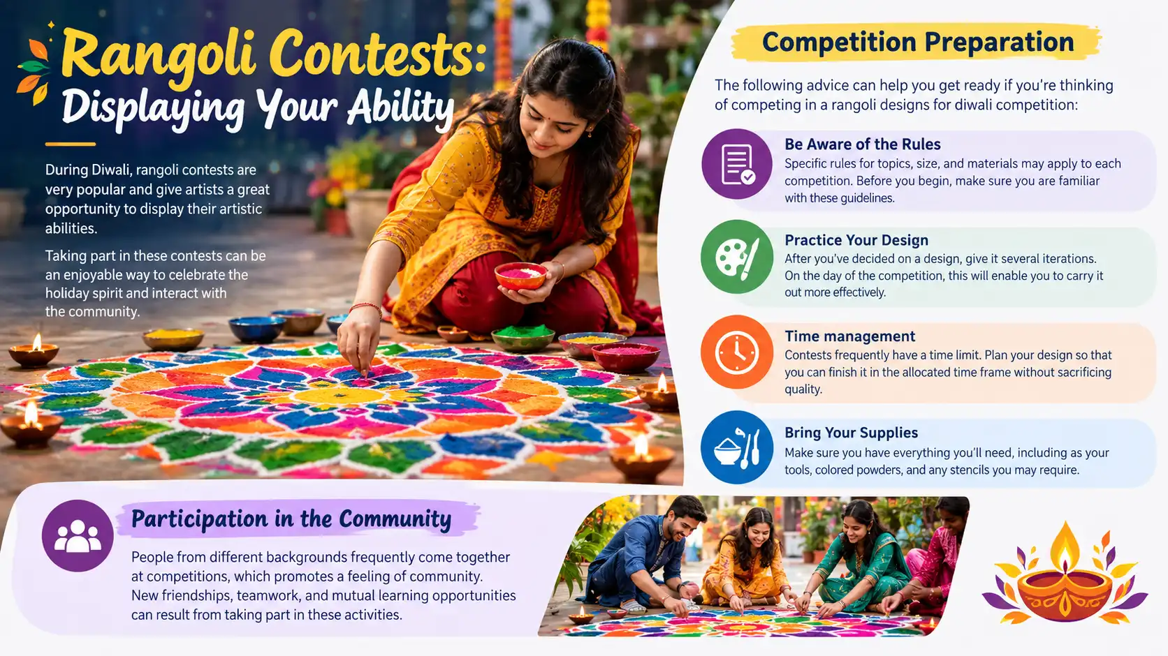 Rangoli contests during Diwali featuring an artist creating a colorful rangoli design with competition preparation tips and community participation