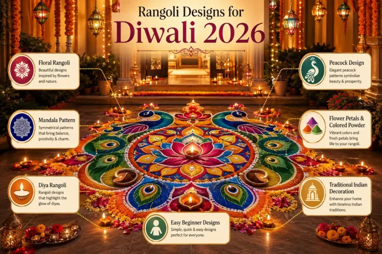 Beautiful Rangoli Designs for Diwali 2026 featuring floral, peacock, diya, and mandala patterns with colorful powders and glowing diyas