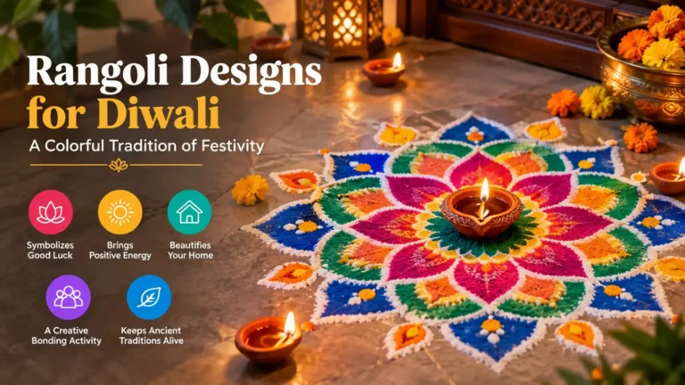 Colorful Rangoli designs for Diwali with a glowing diya, marigold flowers, and festive decorations