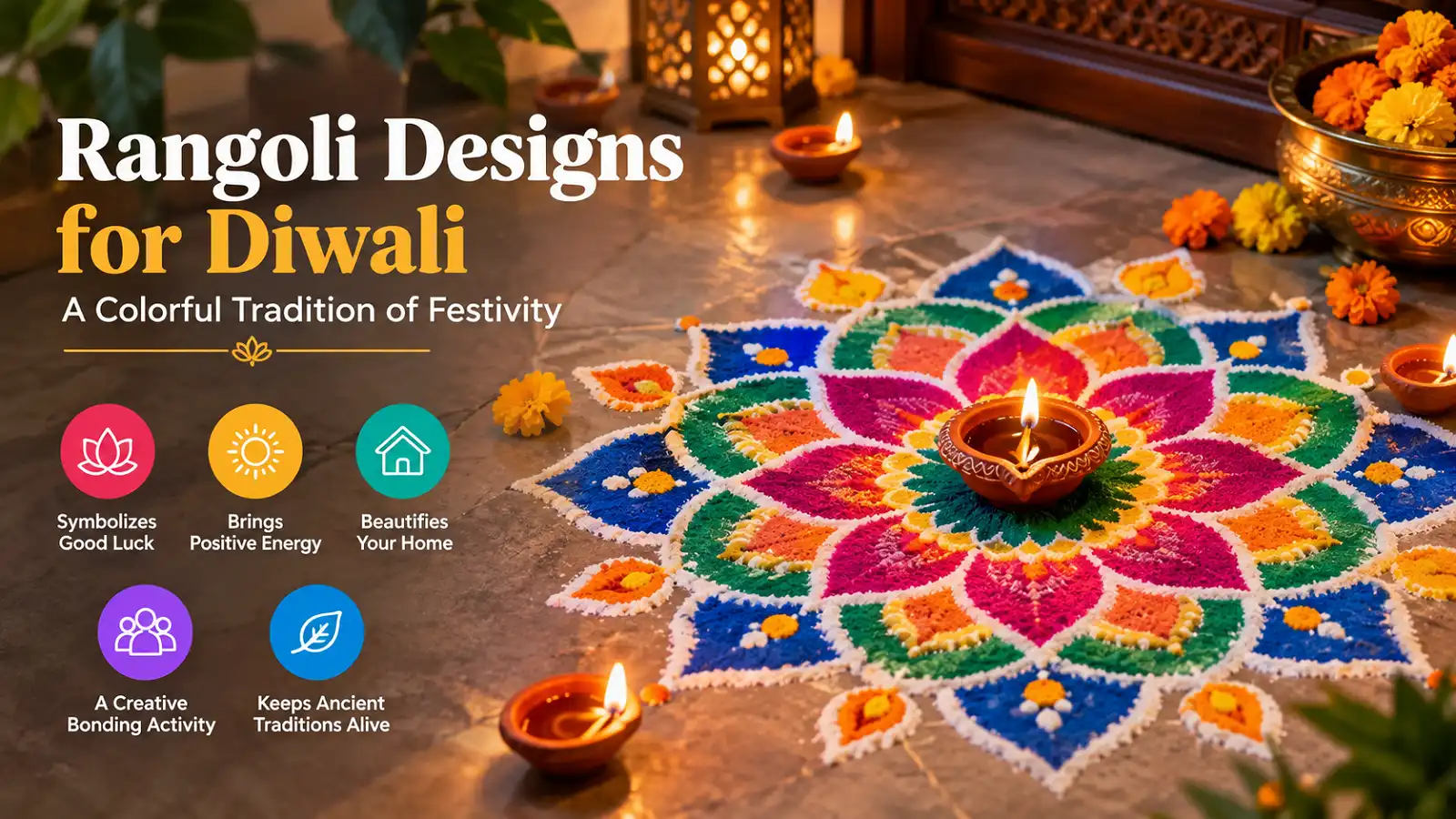 Colorful Rangoli designs for Diwali with a glowing diya, marigold flowers, and festive decorations