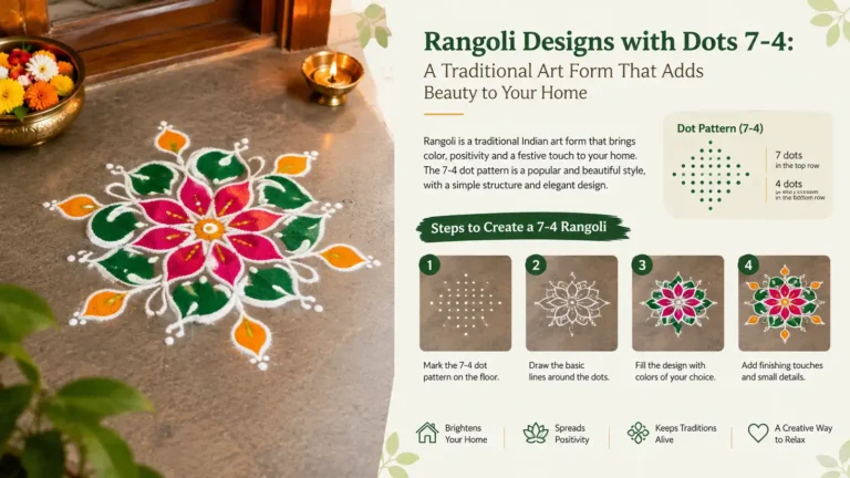 Colorful 7-4 dot Rangoli design with traditional floral patterns and a diya for home decoration