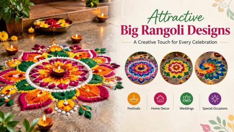 Attractive big Rangoli designs with colorful patterns, diyas, and festive decorations for celebrations