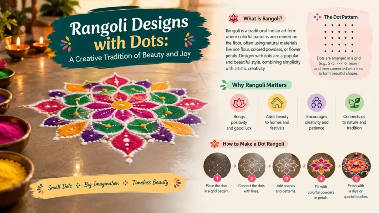 Colorful Rangoli designs with dots featuring a traditional Indian floral pattern, dot grid, and step-by-step creative process