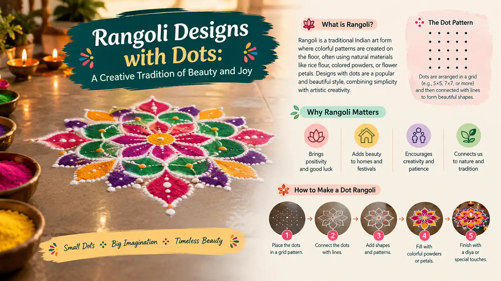 Colorful Rangoli designs with dots featuring a traditional Indian floral pattern, dot grid, and step-by-step creative process