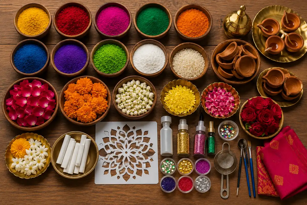 Essential materials for making colorful Diwali rangoli including powders, flowers, chalk and diyas