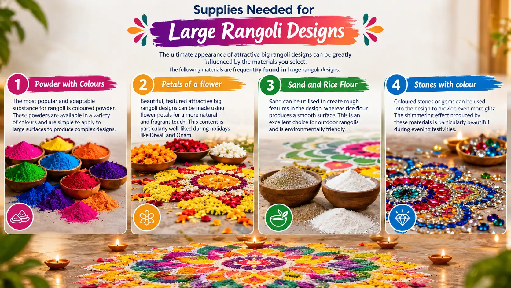 Colorful infographic showing four supplies for large rangoli designs: coloured powder, flower petals, sand and rice flour, and coloured stones or gems