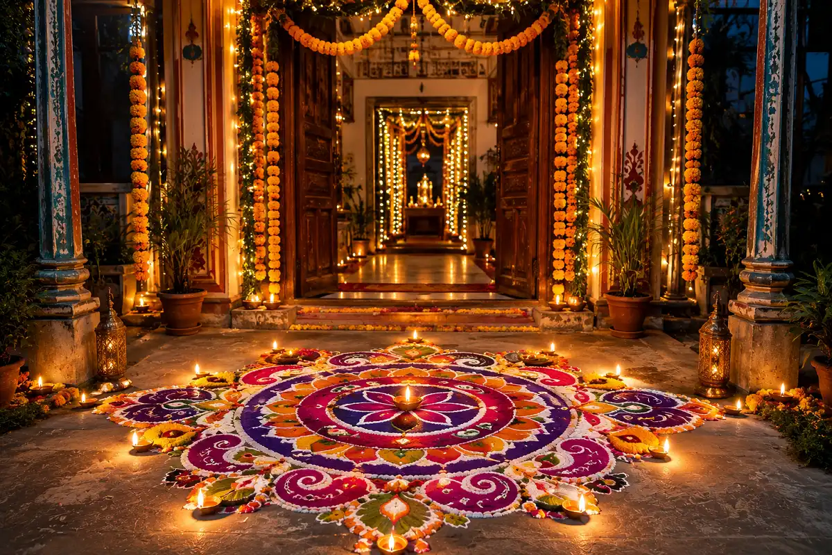 Traditional Indian rangoli created with colorful powders at a decorated Diwali home entrance