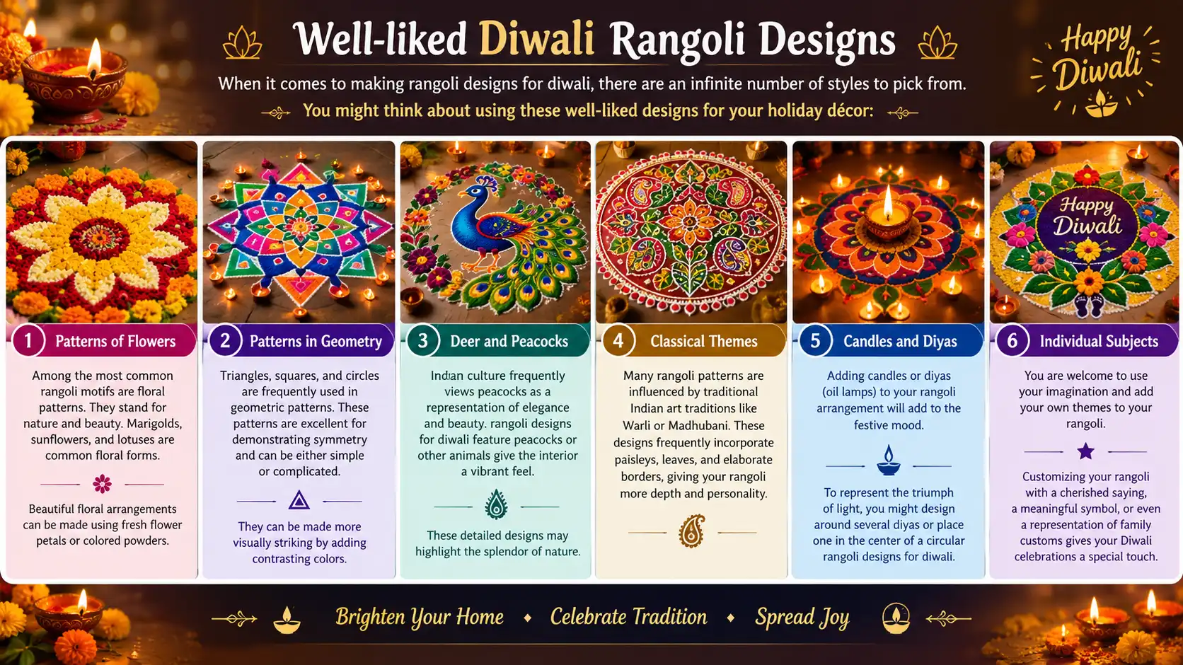 A vibrant Diwali infographic showcasing six popular rangoli designs including floral, geometric, peacock, classical, diya, and personalized patterns