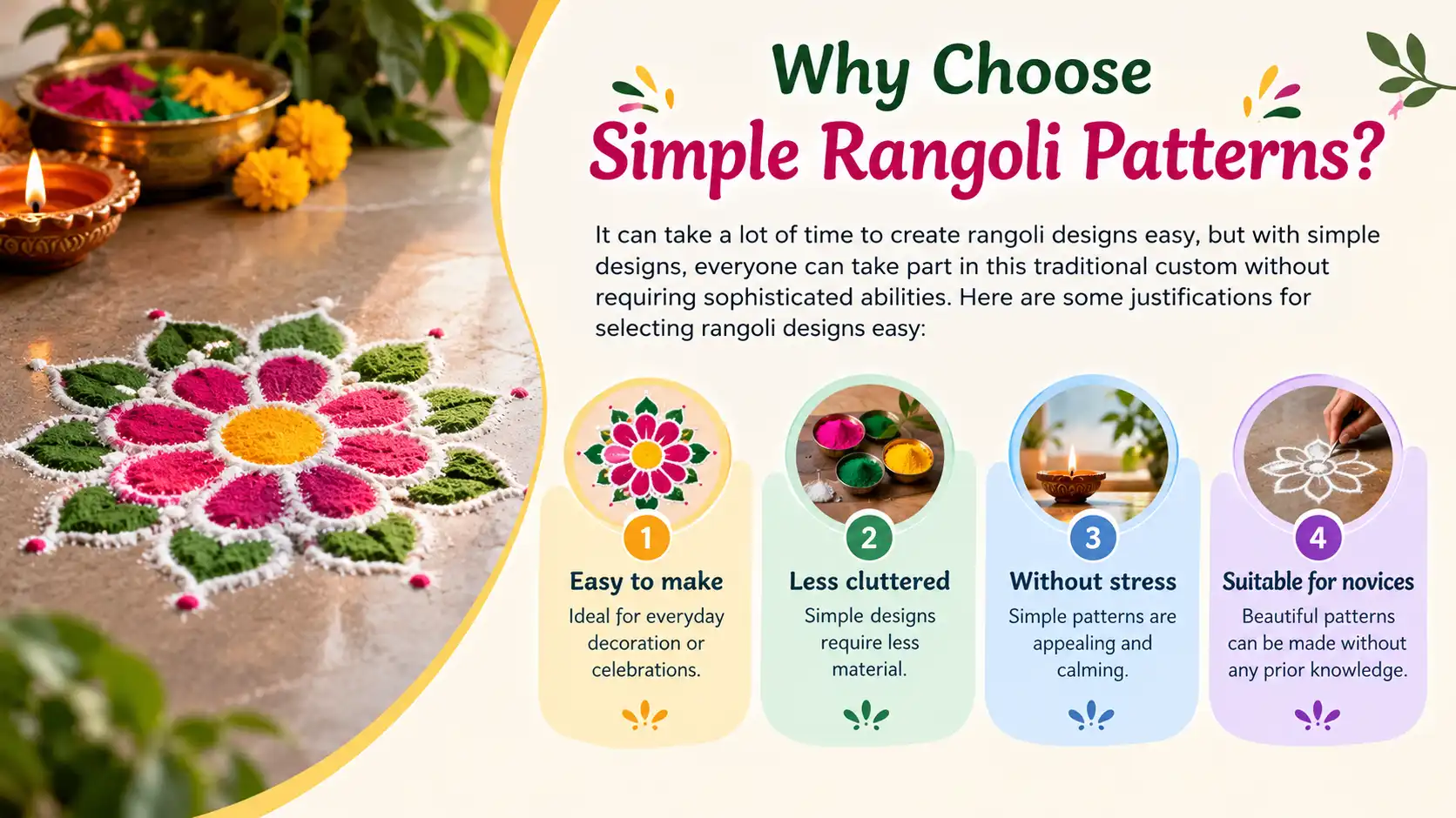 Why choose simple rangoli patterns – easy, less cluttered, stress-free and beginner-friendly