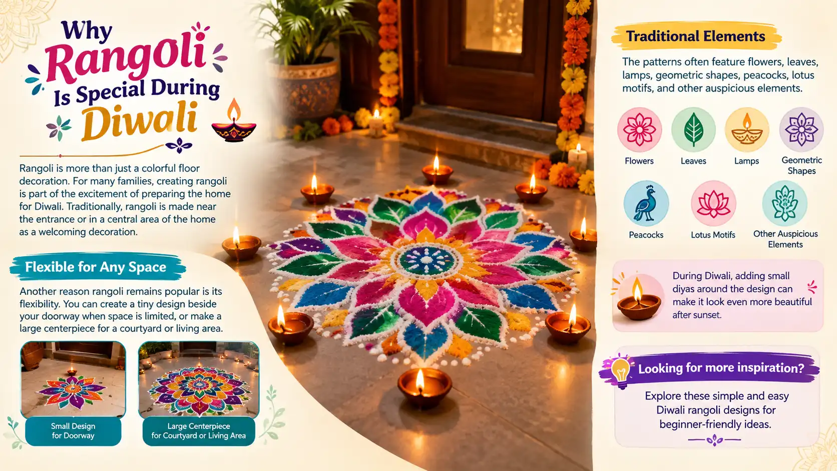 Colorful Diwali rangoli with traditional motifs and diyas
