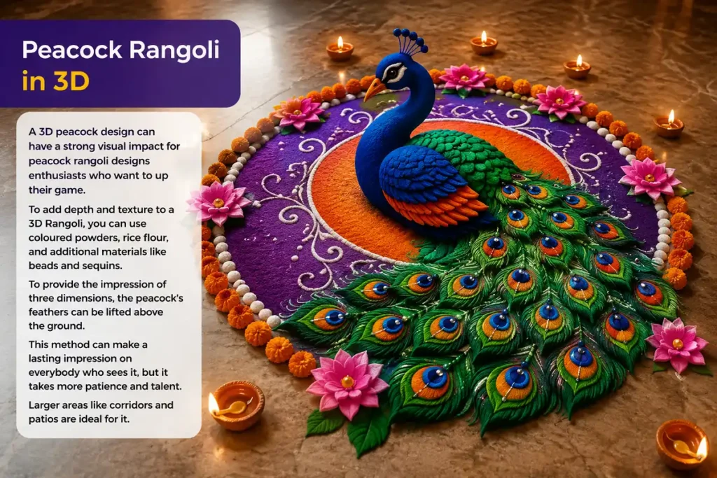 3D peacock rangoli with raised colorful feathers and decorative diyas