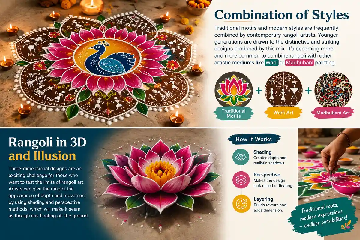 Mixed photographic and infographic illustration showing traditional rangoli motifs combined with Warli and Madhubani art, alongside a colorful 3D illusion rangoli demonstrating shading, perspective, and layering