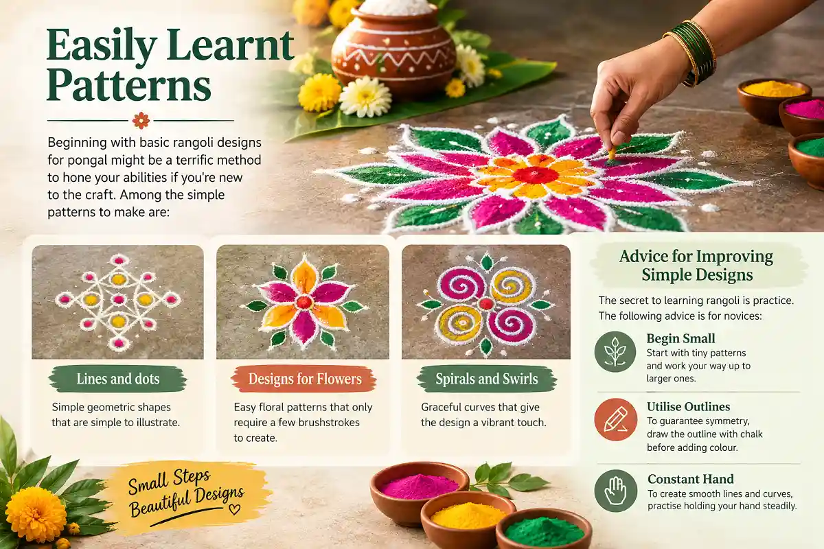 Easily learnt rangoli patterns for Pongal featuring lines and dots, floral designs, spirals and swirls, with beginner tips for creating neat and symmetrical rangoli