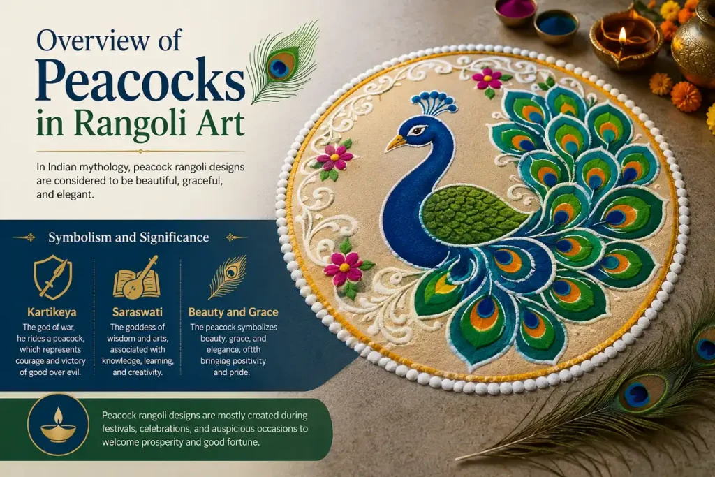 Colorful peacock rangoli art with symbolic Indian mythology infographic details