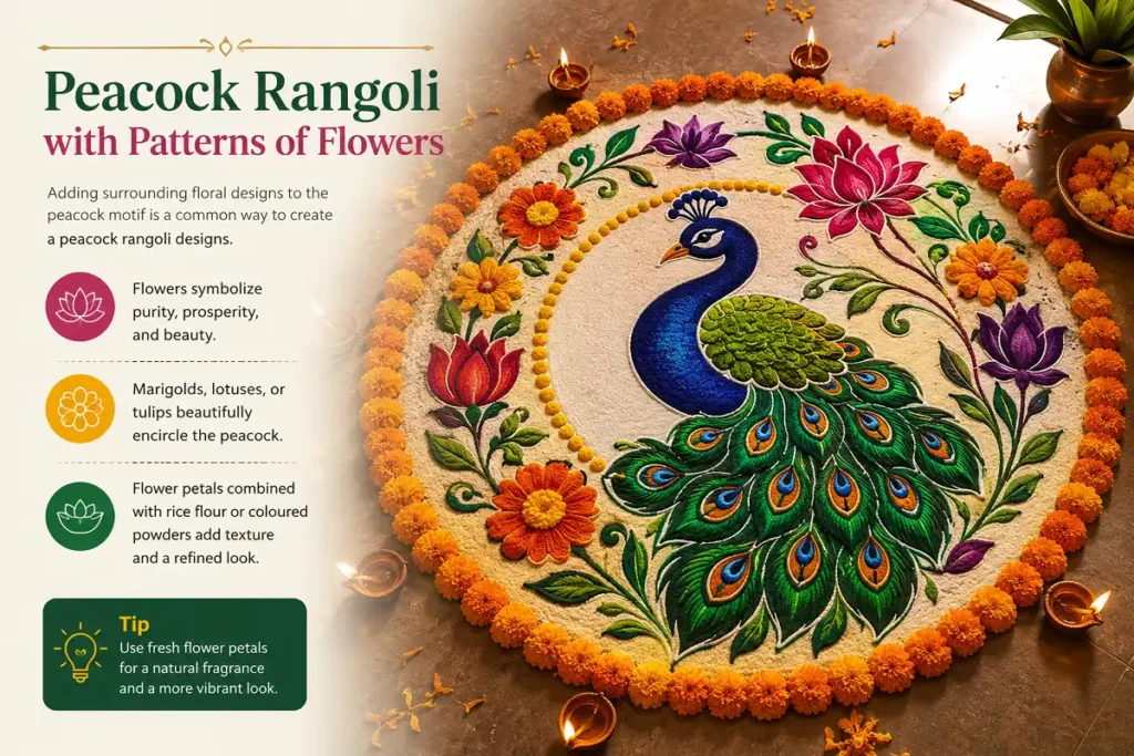 Colorful peacock rangoli surrounded by marigolds, lotuses, tulips, and flower petals