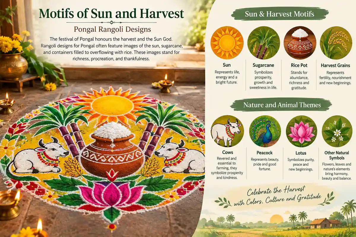 Colorful Pongal rangoli featuring the Sun, sugarcane, overflowing rice pot, cows, peacock, lotus, and harvest symbols with an accompanying infographic