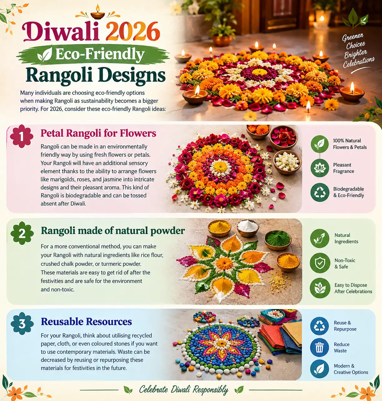 Diwali 2026 eco-friendly Rangoli designs using flower petals, natural powders, and reusable materials