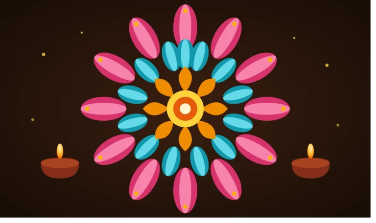 Colorful Diwali rangoli design with lotus pattern and diya lamps