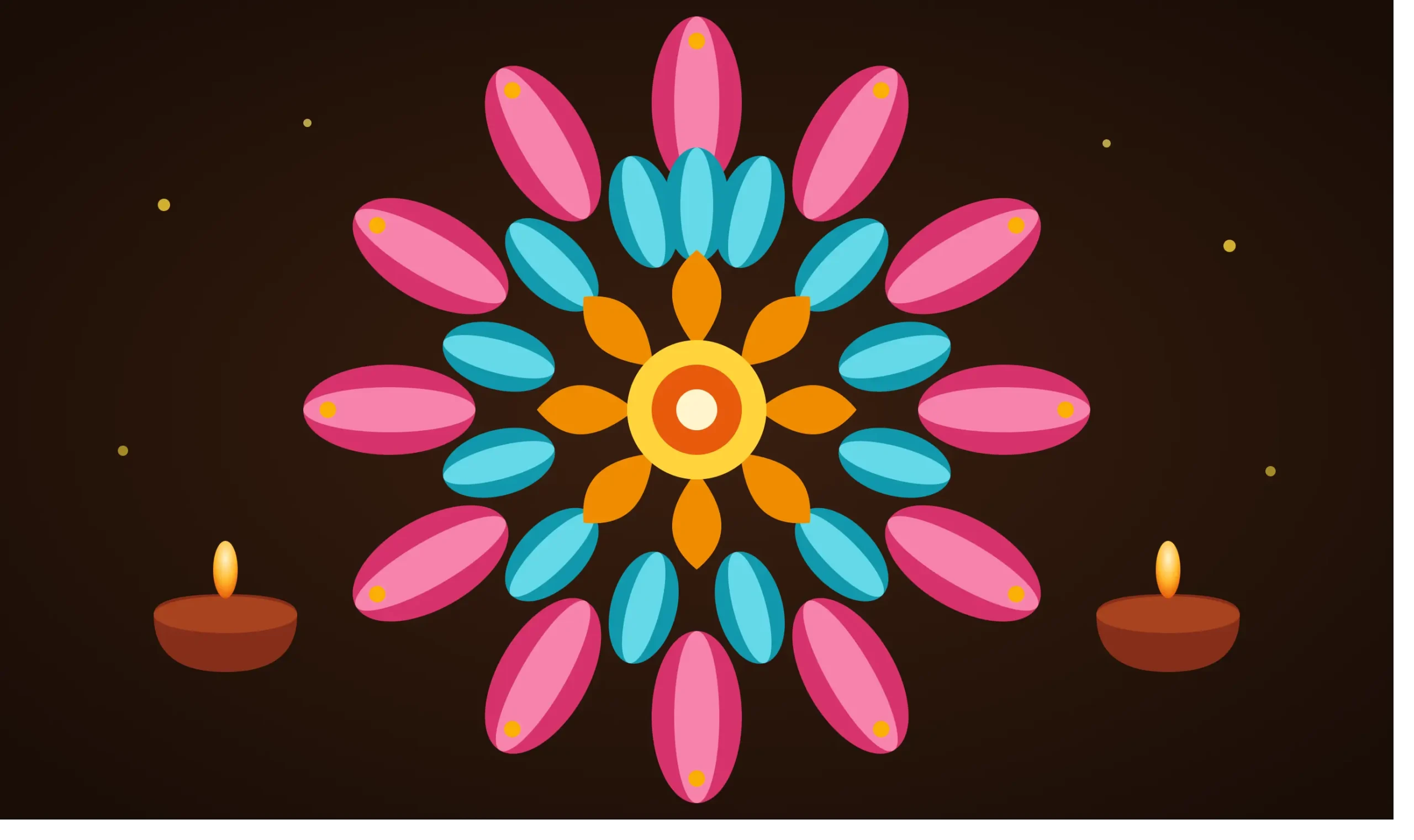 Colorful Diwali rangoli design with lotus pattern and diya lamps