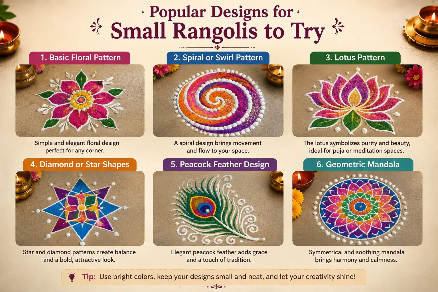 Popular small rangoli designs including floral, spiral, lotus, star, peacock feather, and geometric mandala patterns