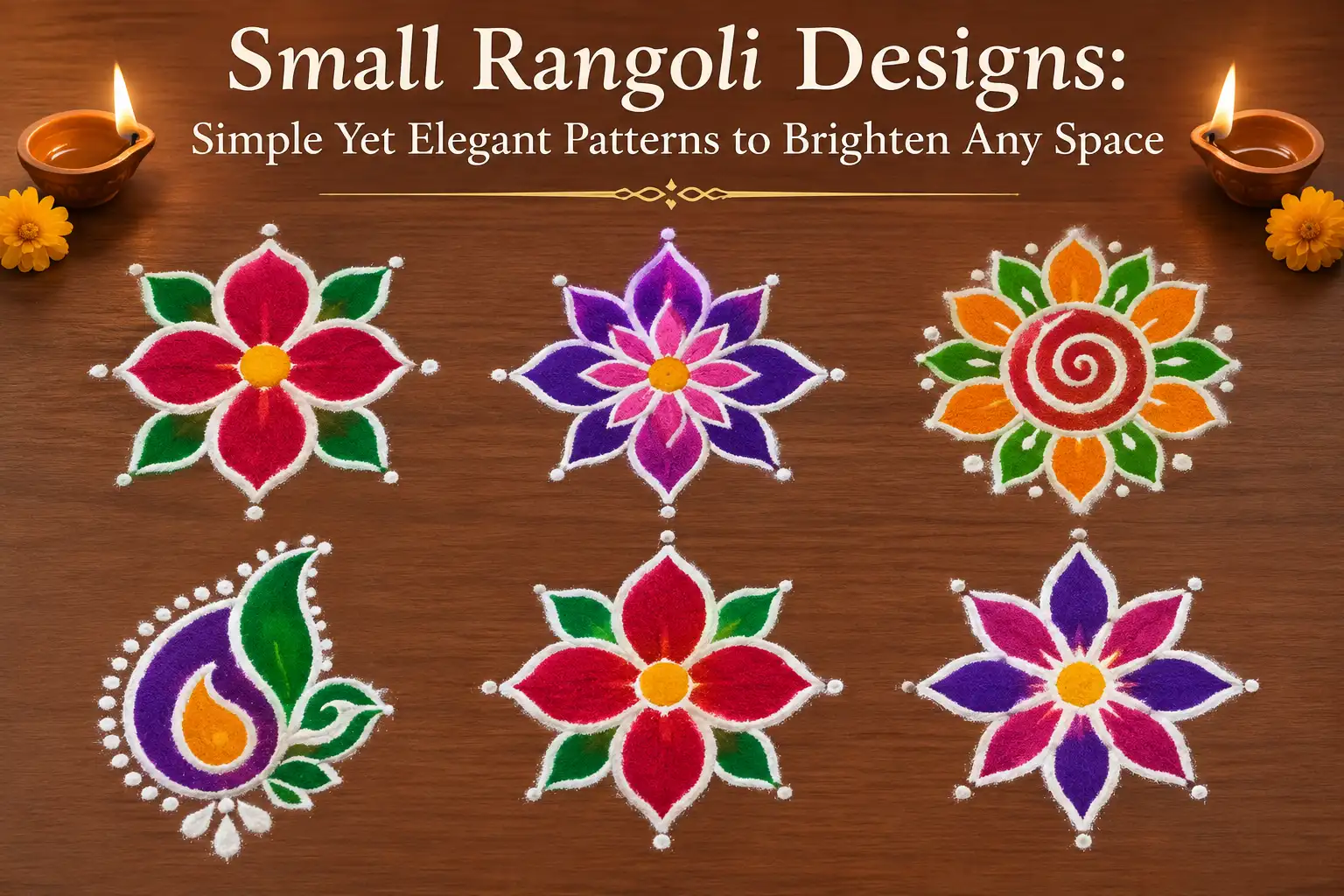 Small rangoli designs featuring colorful floral, spiral, and paisley patterns with decorative diyas and marigold flowers