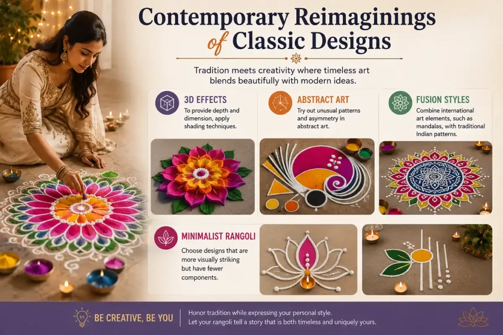 Modern rangoli featuring 3D effects, abstract patterns, fusion styles, and minimalist designs