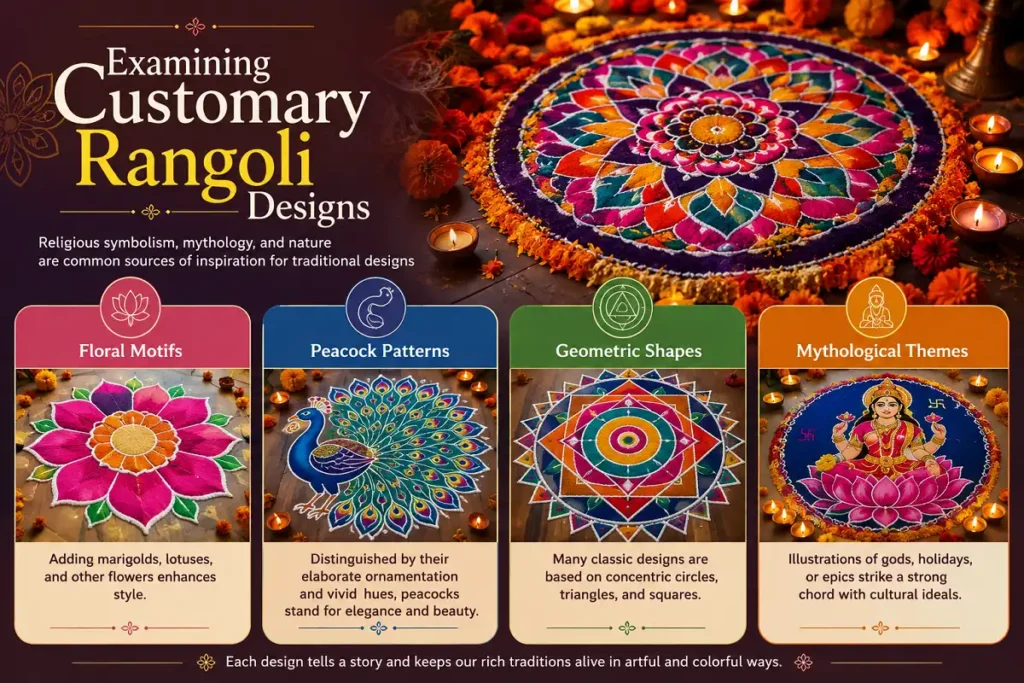 Traditional rangoli designs featuring flowers, peacocks, geometric shapes, and mythology