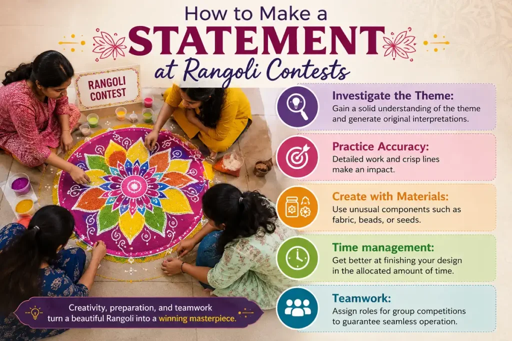 Rangoli contest tips for creativity, accuracy, materials, time management, and teamwork