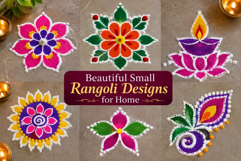 Beautiful small rangoli designs for home featuring colorful floral, diya, mandala, and paisley patterns.